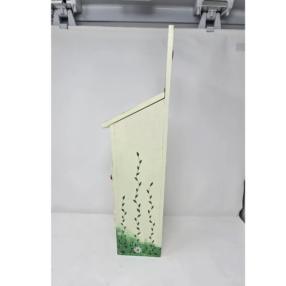 Vtg hand painted wooden grocery bag holder picket fence floral‎ cottagecore